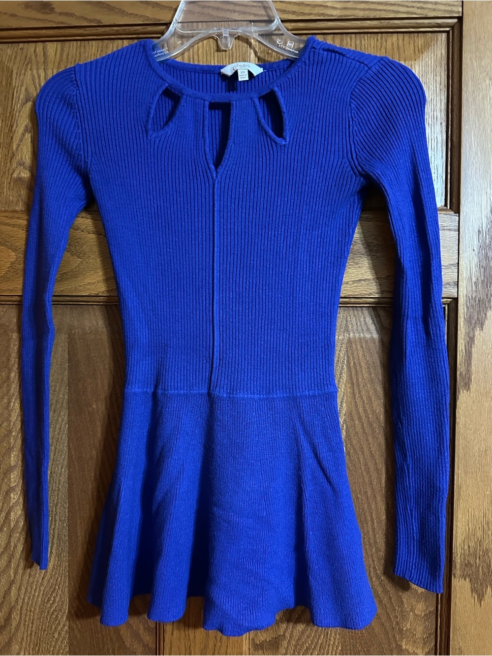 Candie's Royal Blue Ribbed Peplum Sweater with Keyhole Detail